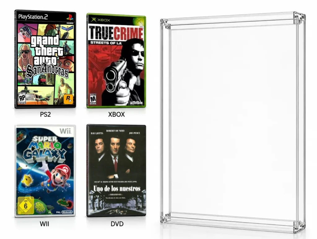 Compatibilidad del protector acrílico con cajas DVD y videojuegos
