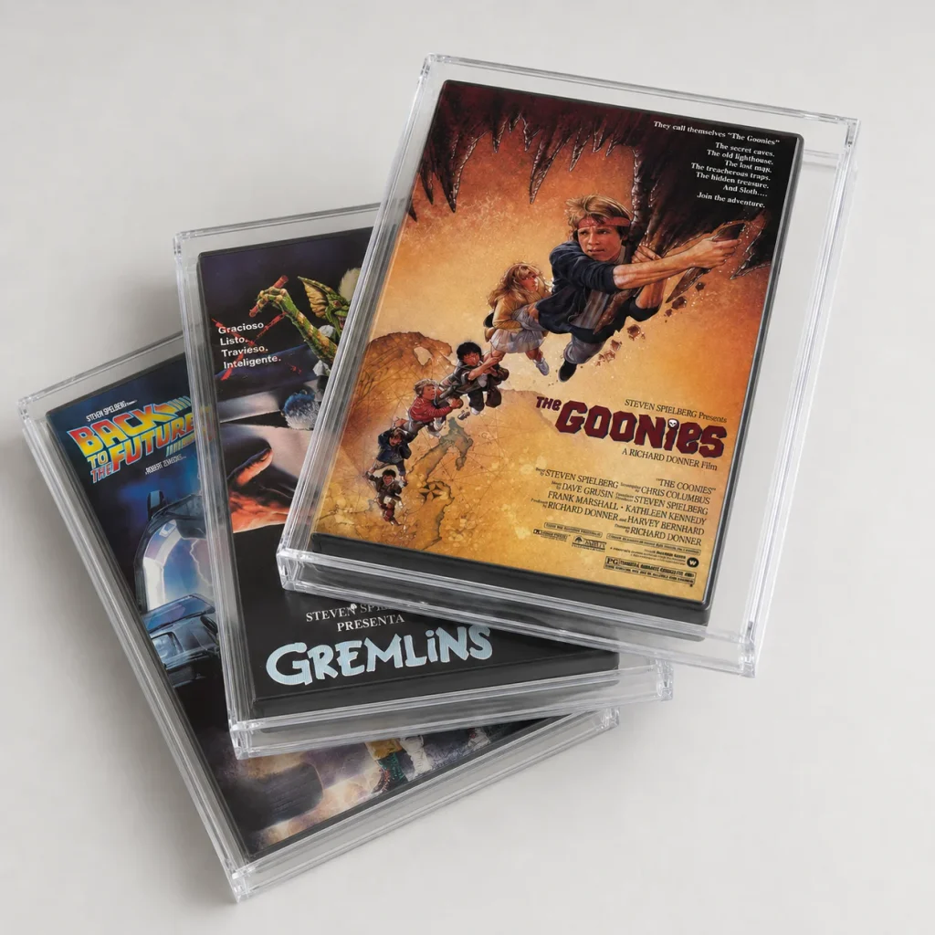 Películas DVD protegidas en cajas acrílicas transparentes